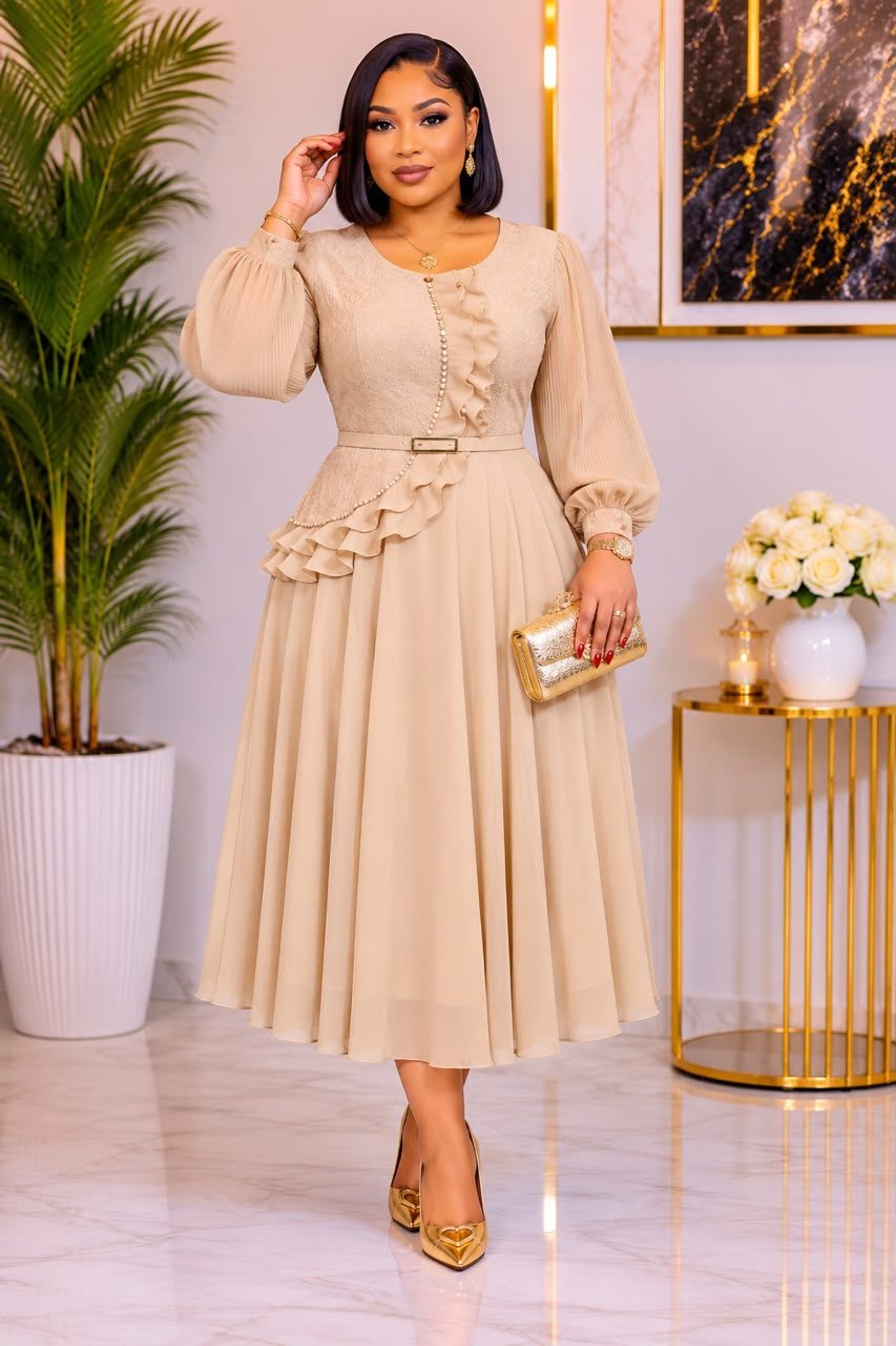 ELEGANT PLEATED MIDI DRESS WITH BELT